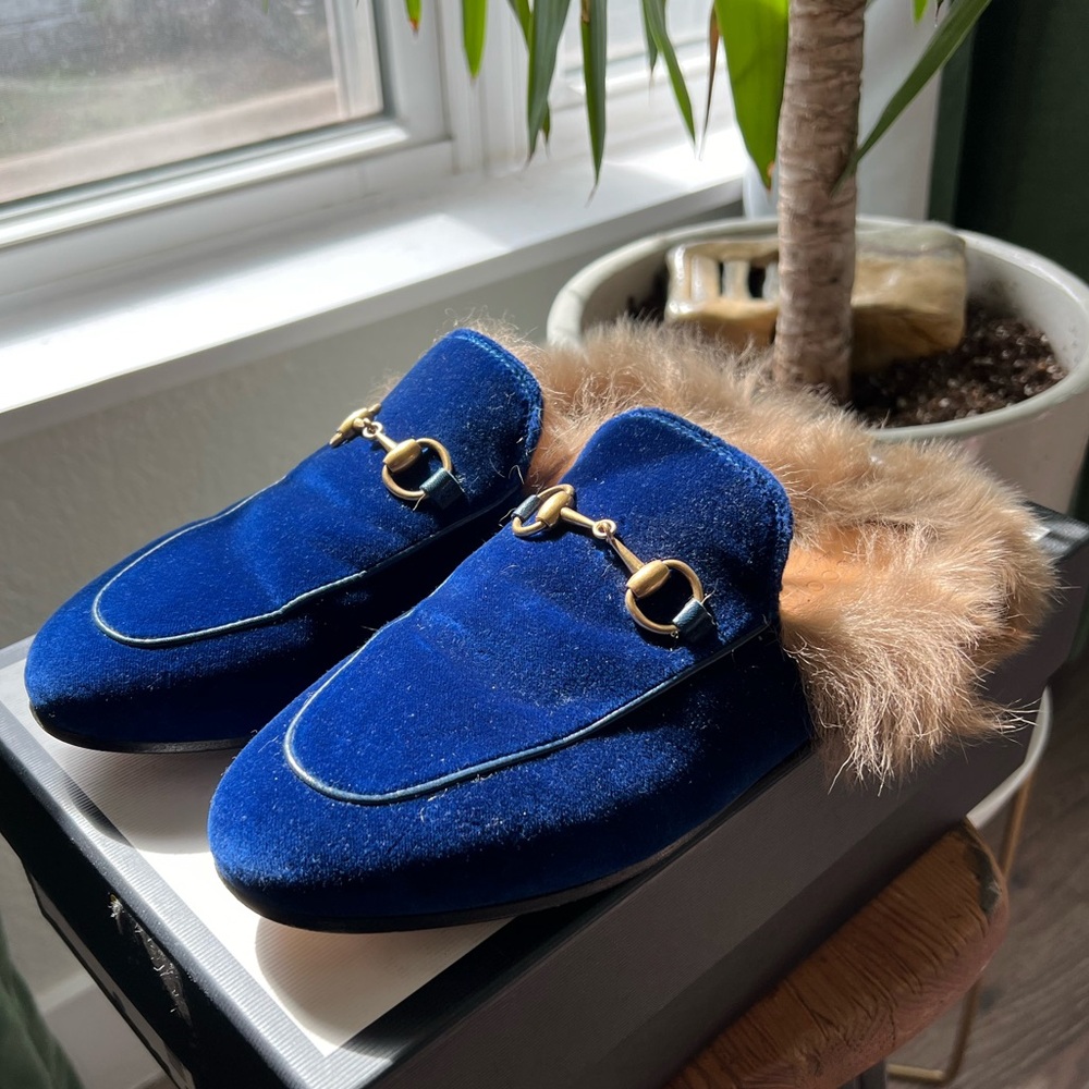 Gucci Princetown fur mules in cobalt velvet 37